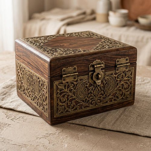 Brass Filigree Storage Casket — angled view