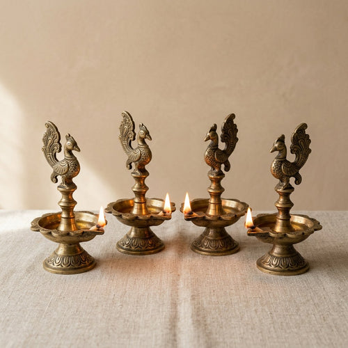 Brass Peacock Diya Set — main view