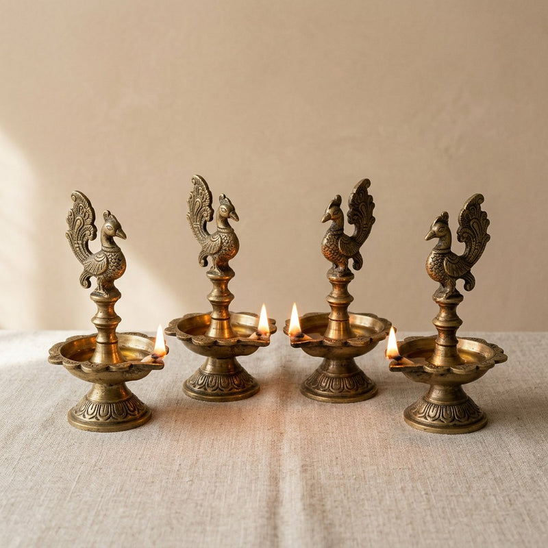 Brass Peacock Diya Set — main view