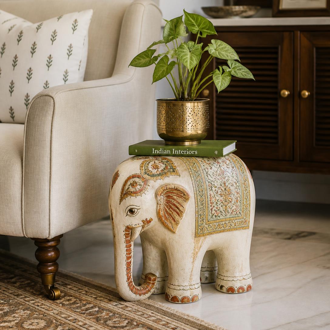 Natural handpainted wooden elephant stool — view 3