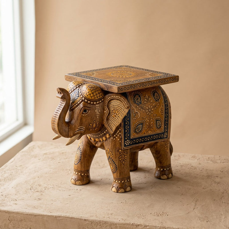 Handpainted Wooden Elephant Stool — main view