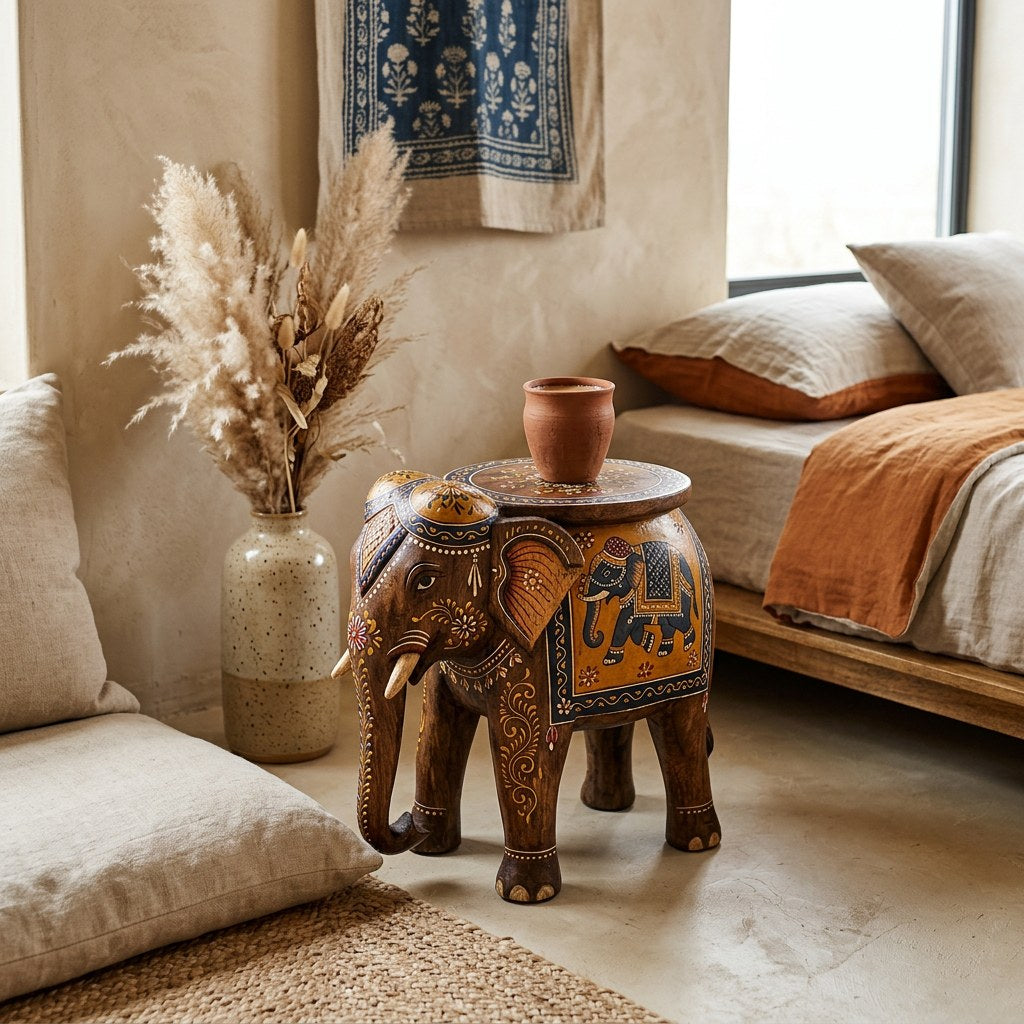 Handpainted Wooden Elephant Stool — styled in a room
