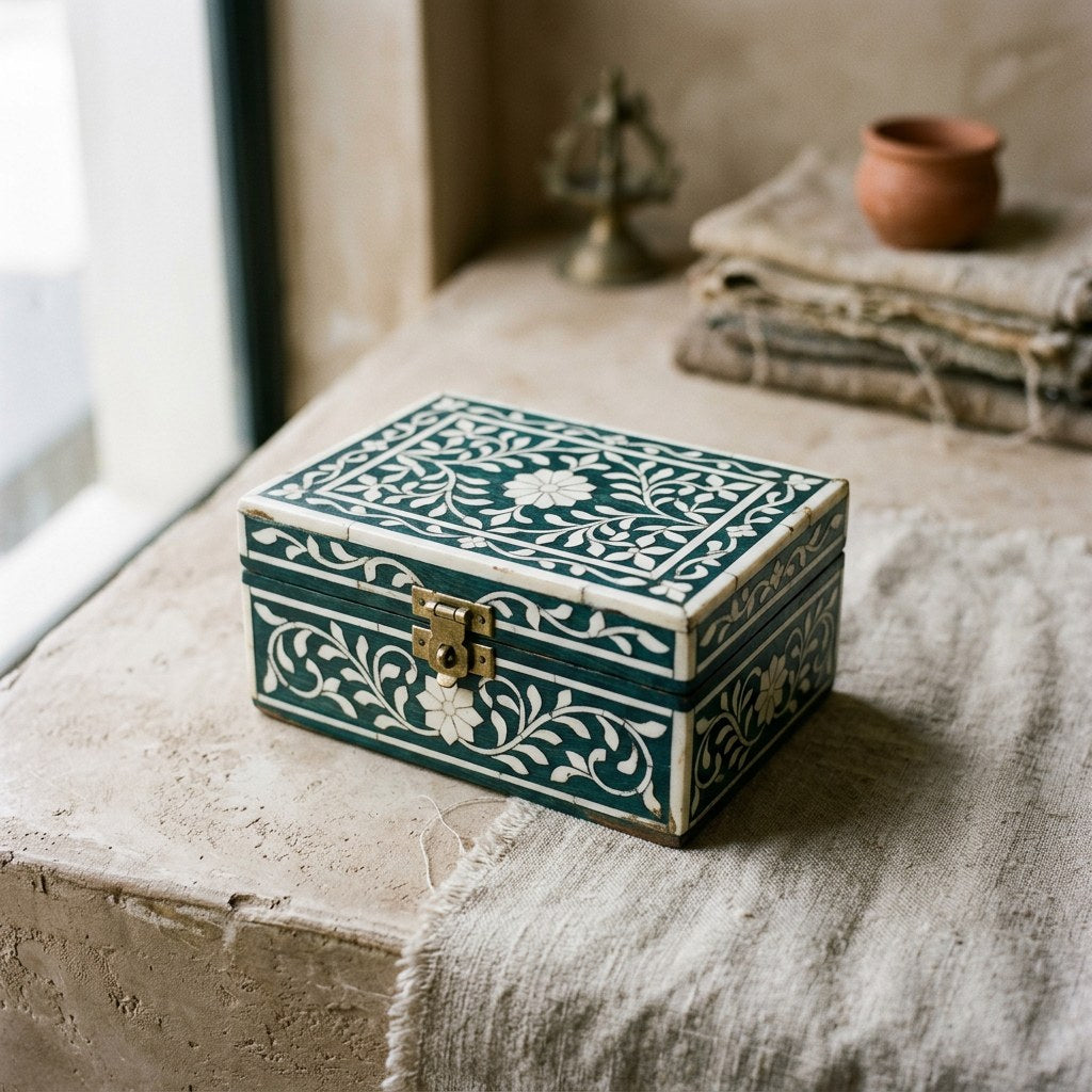 Jaipur Bone Inlay Trinket Box — angled view