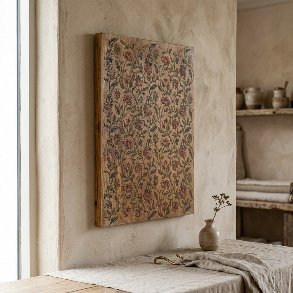 Mango Wood Block Print Panel — angled view