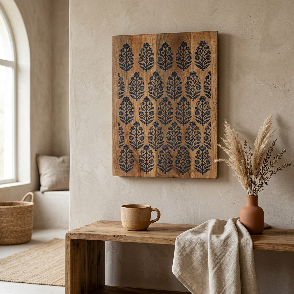 Mango Wood Block Print Panel — styled in a room