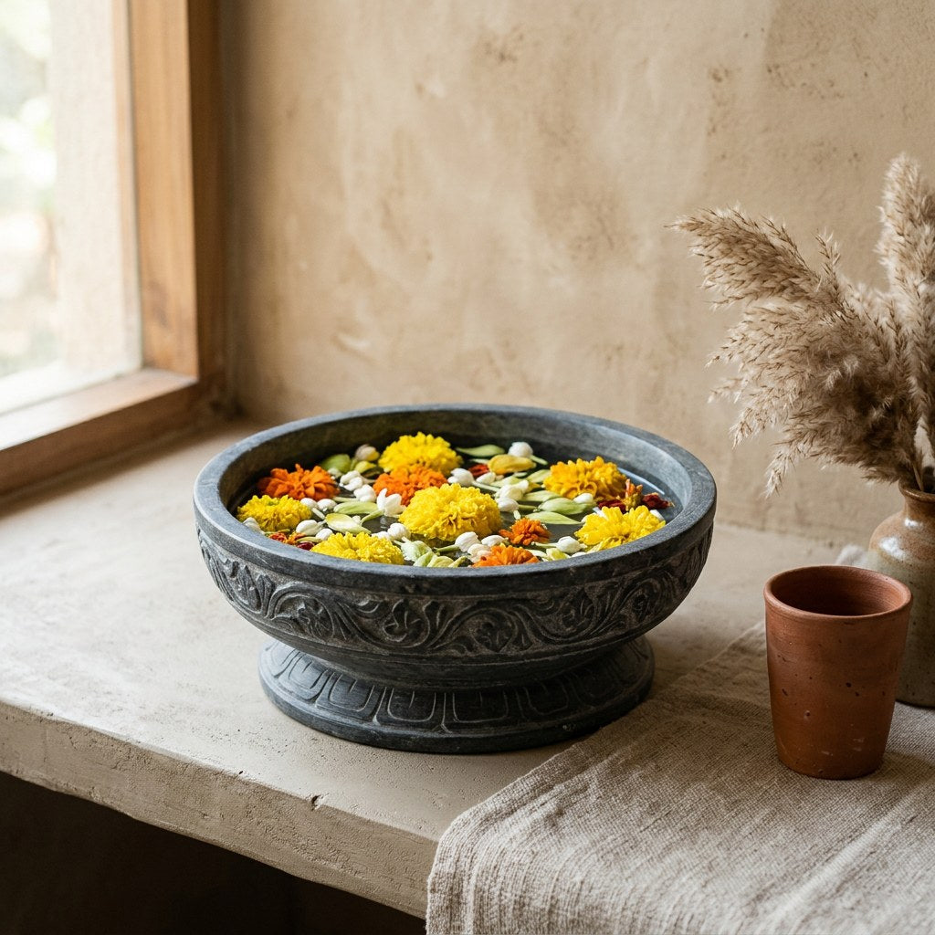 Stone Carved Temple Urli — styled in a room